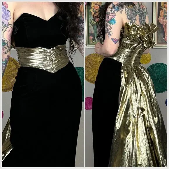 Vintage 1980s Strapless Black Velvet and Gold Lamé Evening Gown - Picture 5 of 8